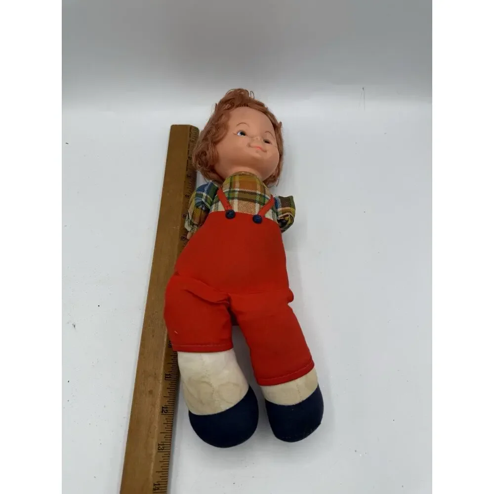 Vintage 1970s NASCO Cloth Body Doll Red Overalls Plaid Shirt Needs TLC
